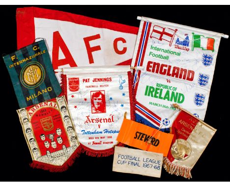 A collection of football pennants from the collection of a former steward at Arsenal FC,
accordingly the pennants are mostly 