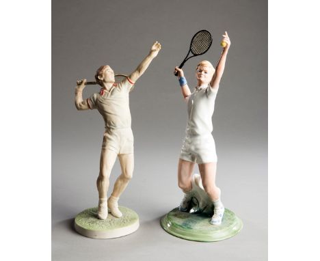 Two 20th century ceramic tennis figurines,
a Royal Doulton figure titled "The Ace" issued in 1991; and a Coalport figure titl