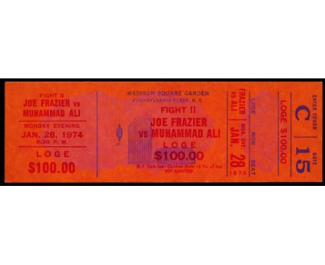 A $100 ticket for the Joe Frazier v Muhammad Ali Heavyweight World Championship fight at Madison Square Garden 28th January 1