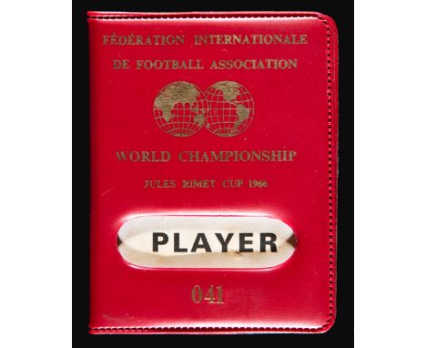Roger Hunt's 1966 World Cup identity card,
issued by FIFA inscribed PLAYER and numbered 041, the interior with a photographic