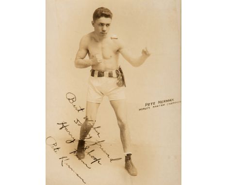 A signed photograph of the Italian-American World Bantamweight Boxing Champion of the early 1920s Pete Herman,
an 8 by 5 1/2i