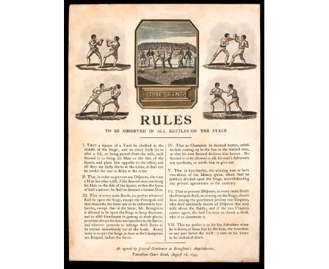 Rare and important 1743 broadside publishing the first codified set of Rules of Boxing formulated by John Broughton that gove