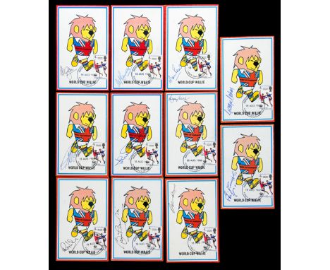 Ten World Cup Willie postcards signed by Alf Ramsey and nine England World Cup players,
Banks, Cohen, Wilson, J Charlton, Moo