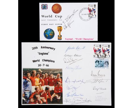 A 1966 World Cup Final 20th Anniversary postal cover fully signed by the 11 England World Cup winning players,
signed in pen;