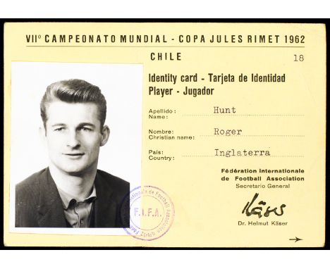 Roger Hunt's 1962 World Cup identity card,
issued by FIFA inscribed PLAYER - JUGADOR , numbered 18, pasted with a photographi