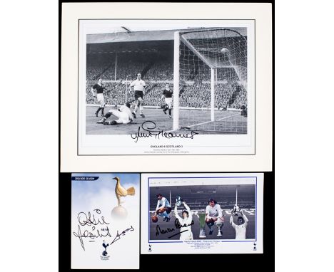 Tottenham Hotspur signed memorabilia,
a Jimmy greaves signed b&w photograph of the Spurs man scoring for England at Wembley, 