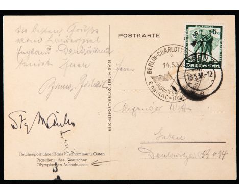 A Stanley Matthews signed German postcard stamped Berlin 14th May 1938 the date of the international football match v England