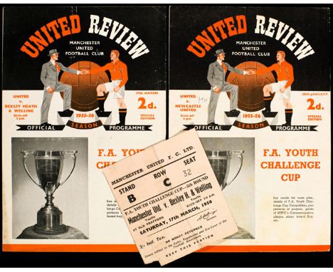 Two Manchester United Youth home programmes,
v Newcastle United 28.1.56 & v Bexleyheath & Welling 17.3.56 which comes with a 