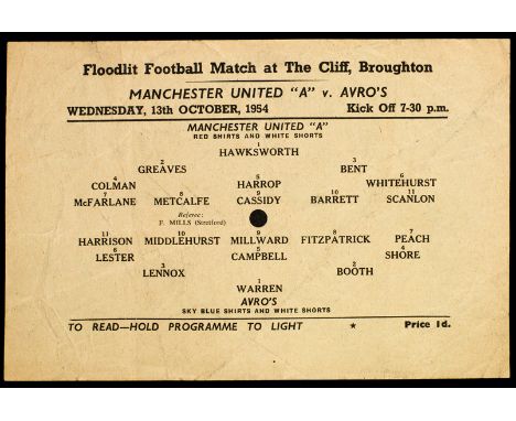 Scarce Manchester United 'A' v Avro's single-sheet programme played at the Cliff 13th October 1954,
floodlit match with spect