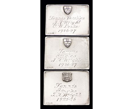 A group of three Canadian tennis medal plaques awarded to Dr Jack Wright,
rectangular, stamped sterling silver, awarded by th