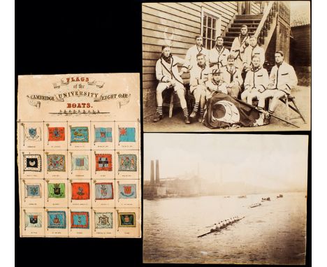Decorative Victorian colour rowing print titled "Flags of the Cambridge University Eight Oar Boats",
10 1/2 by 8in.; sold tog