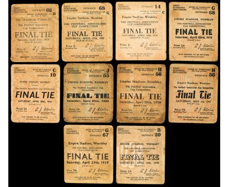 10 F.A. Cup final tickets,
for 1928, 1929, 1930, 1932, and a run for 1934 to 1939, all with ink scores to the reverse of each