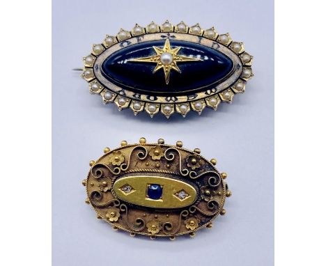 A Victorian "In memory of" (tested) gold brooch set with seed pearls and enamel, named and dated along with one other mournin