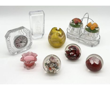 A collection of various glass and paperweights including Selkirk, Caithness, Skruf etched glass vase etc.