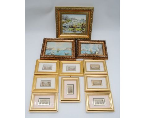 A set of framed Baxter miniature prints plus two framed small watercolours and one other print. 