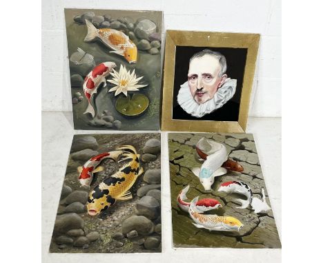 Four paintings on board showing Koi carp (one signed Hoyle) and a portrait of a historical gentleman