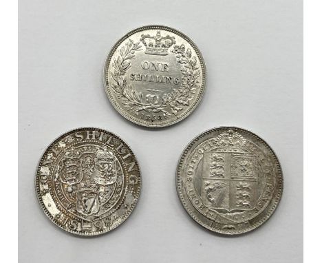 A Victoria (1837-1901) shilling dated 1858 with the first A in Gratia being unbarred, with a further 1898 and 1897 shilling