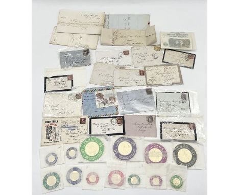 A collection of Victorian stamps on envelopes and loose, mainly penny reds, along with 19th century letters and a number of T