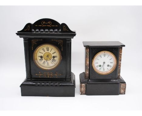 A slate mantel clock along with a painted wooden mantel clock by 'H. A. C.' of Wurttemberg