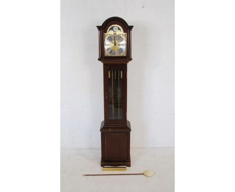 A chiming grandmother clock, with ornate brass dial with moon phase marked 'Richard Broad, Bodmin, Cornwall', with instructio