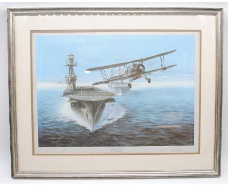 'Viceless Lady' framed print of a biplane leaving an aircraft carrier signed Ian Berryman - 54.5cm x 68cm