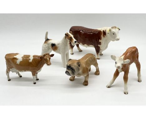 A collection of Beswick (a number with repairs as shown) including Hereford Bull along with an Adderley Bulldog