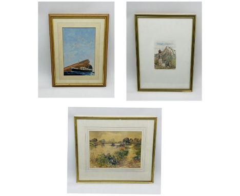 Two framed watercolours and one etching including a riverbank scene "Bridge over the River Otter" signed Eileen Crawford, a w