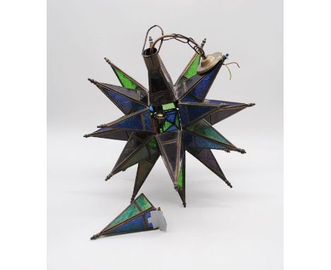 A vintage star shaped coloured glass ceiling light pendant - one part loose but present, A/F - height 41cm, diameter 47cm