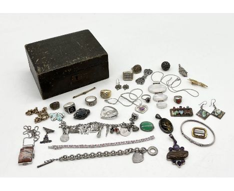 A collection of mainly silver jewellery including a number of rings, charm bracelet, JA & S enamel butterfly brooch (A/F), si