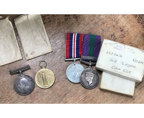 WW1 British medals of 1914-18 War medal & Victory to 118116 Pte G.Jordan of the Notts & Derby R, with WW2/Post WW2 group of 1