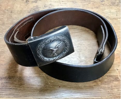 Luftwaffe Combat Belt & Buckle, blue/black paint over stamped steel with smooth field Buckle, black leather belt, Makers Mark