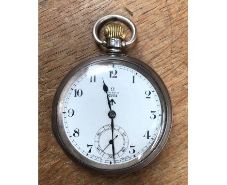 WW2 British Omega Silver Pocket-watch broad arrow to watch face and to back of the case in working order, small chip to ename