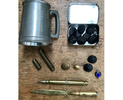 Collection of WW1 trench art & buttons of Imperial Airways, Air transport auxiliary and a silver pin badge showing 25 years s