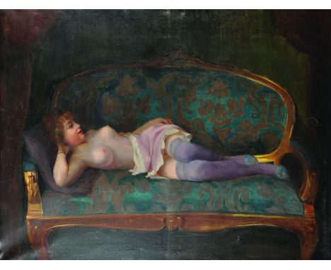 19th Century French School. A Semi Naked Lady, Reclining on a Sofa, Oil on Canvas, Indistinctly Signed, Unframed, 29.5" x 39.