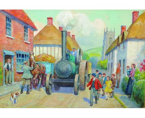 Savile Lumley (20th Century) British. A Steam Tractor in a Street, Surrounded by Children, Watercolour, Signed, 10" x 14.5".