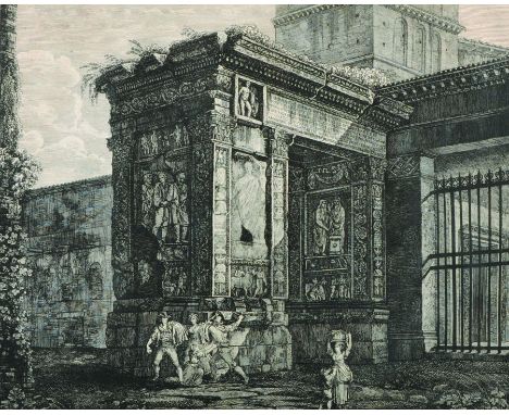 Luigi Rossini (1790-1857) Italian. 'Veduta Dell Arco di Settimio Sovero nel Foro Boario' Etching, overall 16.5" x 19.75", tog