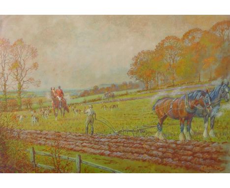 Eric Meade-King (1911-1987) British. A Hunting Scene, with Riders and Dogs, with a Horse Drawn Plough in the foreground, Goua