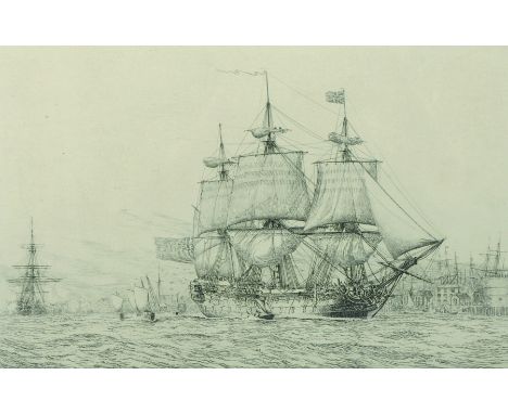 Harold Wyllie (1880-1973) British. 'H.M.S. "Agamemnon" 64 guns, Captain Benjamin Caldwell, leaving Portsmouth Harbour 1781', 