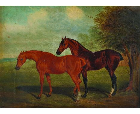 Circle of John R... Hobart (18th - 19th Century) British. Two Horses by a Tree, Oil on Board, 9" x 12".