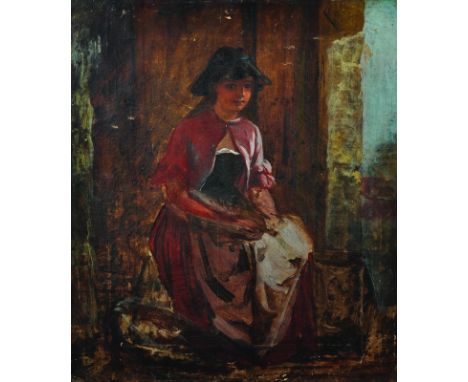 Emma Brownlow (1832-1905) British. A Sketch of a Young Girl, Sitting by an open door, Oil on Canvas, Inscribed on the reverse