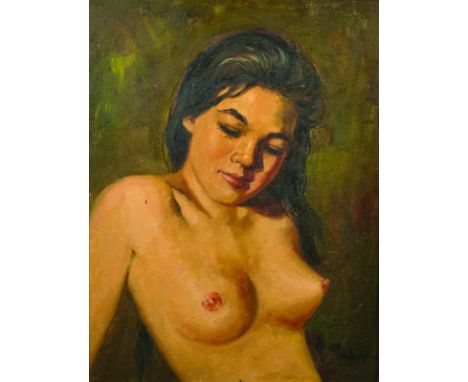 W... H... Chan (20th Century). Bust Portrait of a Naked Girl, Oil on Canvas, Signed, 18" x 14".