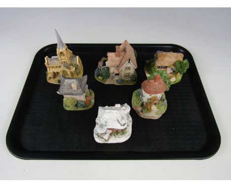 Six Lilliput Lane ornaments including New Neighbours L2229, The Pagoda L3223, Tea Caddy Cottage, Christmas at Pitlochry Lodge