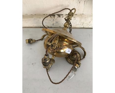 A quality reproduction brass three branch ceiling light with cherub ornamentation, 33 cm