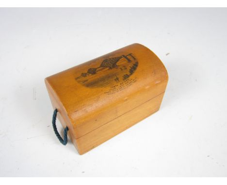 A 19th Century Mauchline ware box in the form of a trunk, with a view of the Forth Bridge to the cover 