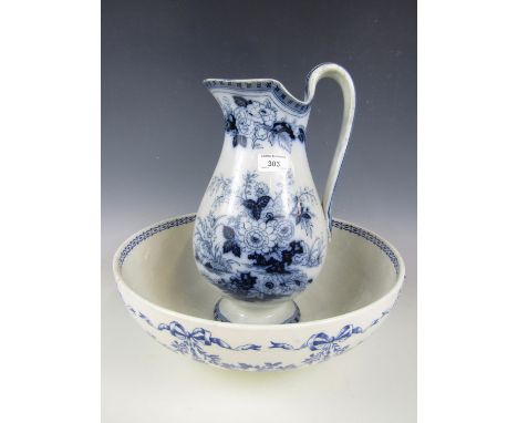 A Wedgwood Lambelle pattern blue-and-white basin together with associated ewer