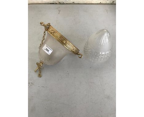 A small reproduction brass mounted cut glass pendant light together with a frosted and cut glass shade