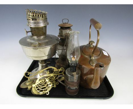 Sundry antique and other metal wares and lighting including a pair of Secessionist brass piano sconces