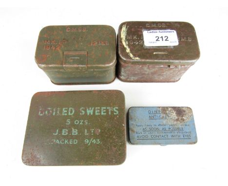 A 1943 Army boiled sweets ration tin together with an Anti-gas ointment tin and other military ordnance tins