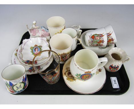 A quantity of commemorative wares including Edward VII coronation cups and saucers, a King George V glass beaker and a 1919 p