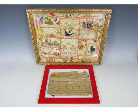 A framed First World War silk together with a framed Post Office telegraph